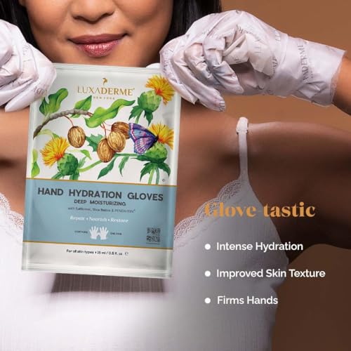 LuxaDerme Moisturizing Gloves for Dry Hands - 15ml Safflower & Shea Butter Hydrating Hand Mask - Rejuvenate Dull & Cracked Skin - Skincare Gift Set (Pack of 10)