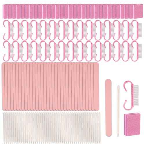 Disposable Manicure kit Press On Nail Tool Kit for Salon Home, Mini Nail Buffer, Nail File, Wood Stick, Nail Brush (Pink, 50 Set)