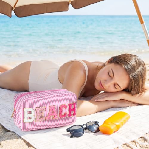 Pink Seersucker Beach Cosmetic Bags 6-Pack - Travel & Vacation Organizer