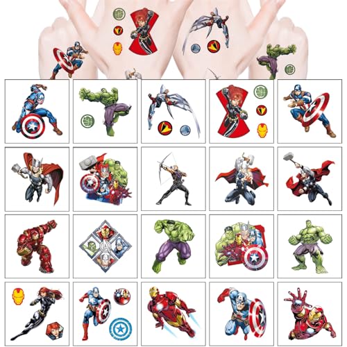 XSMIN 20Pcs Cartoon Superhero Temporary Tattoos for Kids Boys, Waterproof Party Favors (Variation A)