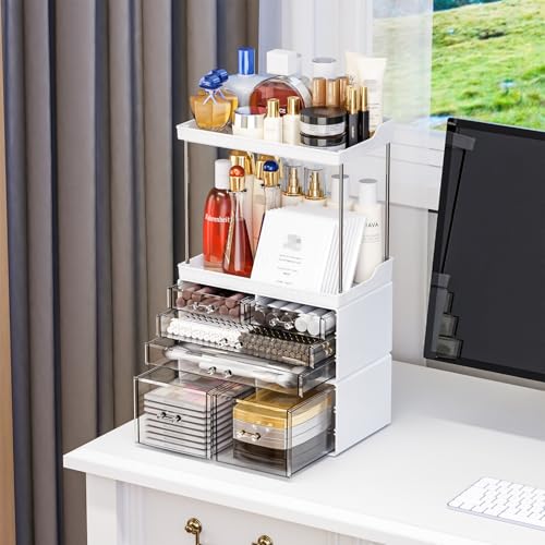 Yieach Bathroom Counter Organizers and Storage,White Acrylic Makeup Organizers with Drawers for Vanity,Bedroom,Plastic Skincare Organizer for Dresser Top Beauty,Cosmetic,Lotion and Perfume Organizer