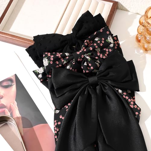 LFOUVRE Black Bow Clip 3pcs, Floral Hair Bow Clips for Girls with Tail, Big Hair Bows for Women, Bows for Girl Bowknot Barrettes, Hair Accessories