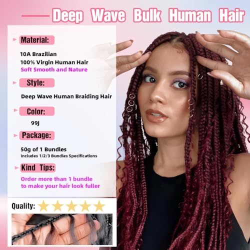 Human Braiding Hair, 3 Bundle 150g 16 Inch Boho Braids Human Hair 10A Deep Wave Bulk Brazilian Virgin No Weft Wavy Hair Extension for Boho Knotless Bohemian Micro Braid Bulk for Braiding 99J