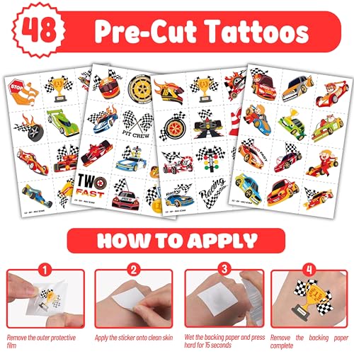 72PC Racing Party Favors Set - 48 Tattoos & 24 Slap Bracelets