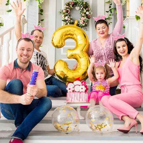 Jaciya Pink Headband Sequin Headbands for Girls Sparkling Tiara Pearl Hairband Birthday Head Band Princess Party Decorations (3rd birthday headband)