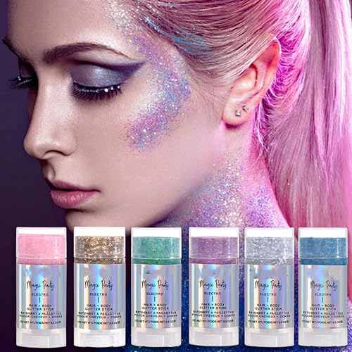 MAEPEOR Body Glitter Stick 6 Colors Holographic Mermaid Sequins Chunky Face Glitter Stick Singer Concerts or Music Festival Rave Body Makeup (Color 01)