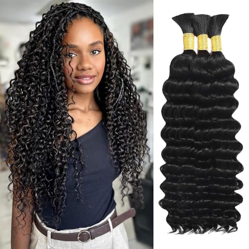 Human Braiding Hair 14 Inch Deep Wave Natural Black Virgin Hair for Boho Styles