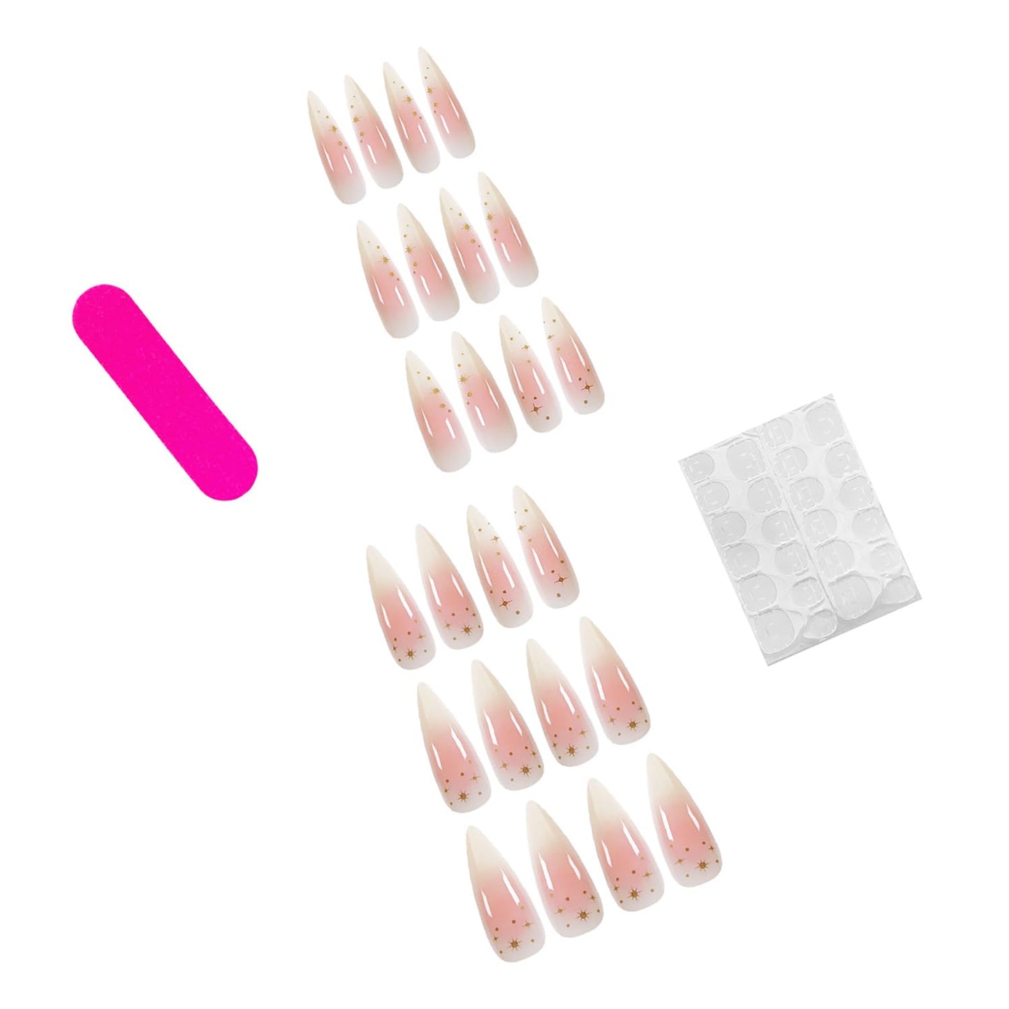 24Pcs Long Press on Nails Stiletto Fake Nails Pink False Nails with Gold Star Design Glossy Glue on Nails Almond Full Cover Artificial Acrylic Nails Ombre Press on Nails for Women Manicure Decorations