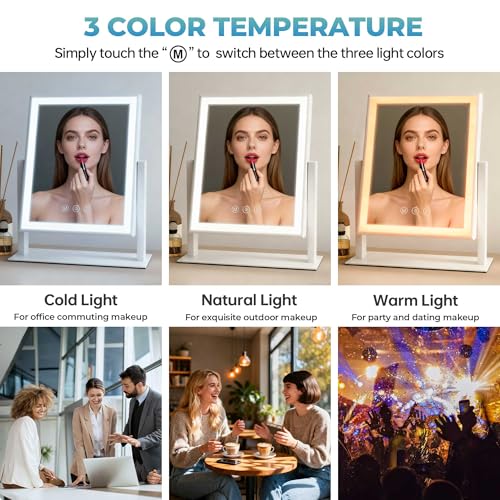 Vanity Mirror with Lights, 3-Color Dimmable & Adjustable Lighted Makeup Mirror with Smart Touch and 360¡Æ Rotation