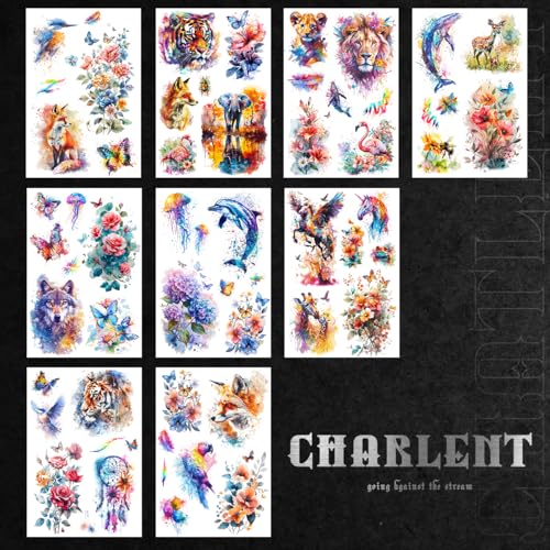 3D Watercolor Temporary Tattoos - 9 Sheets Realistic Flower & Animal Designs