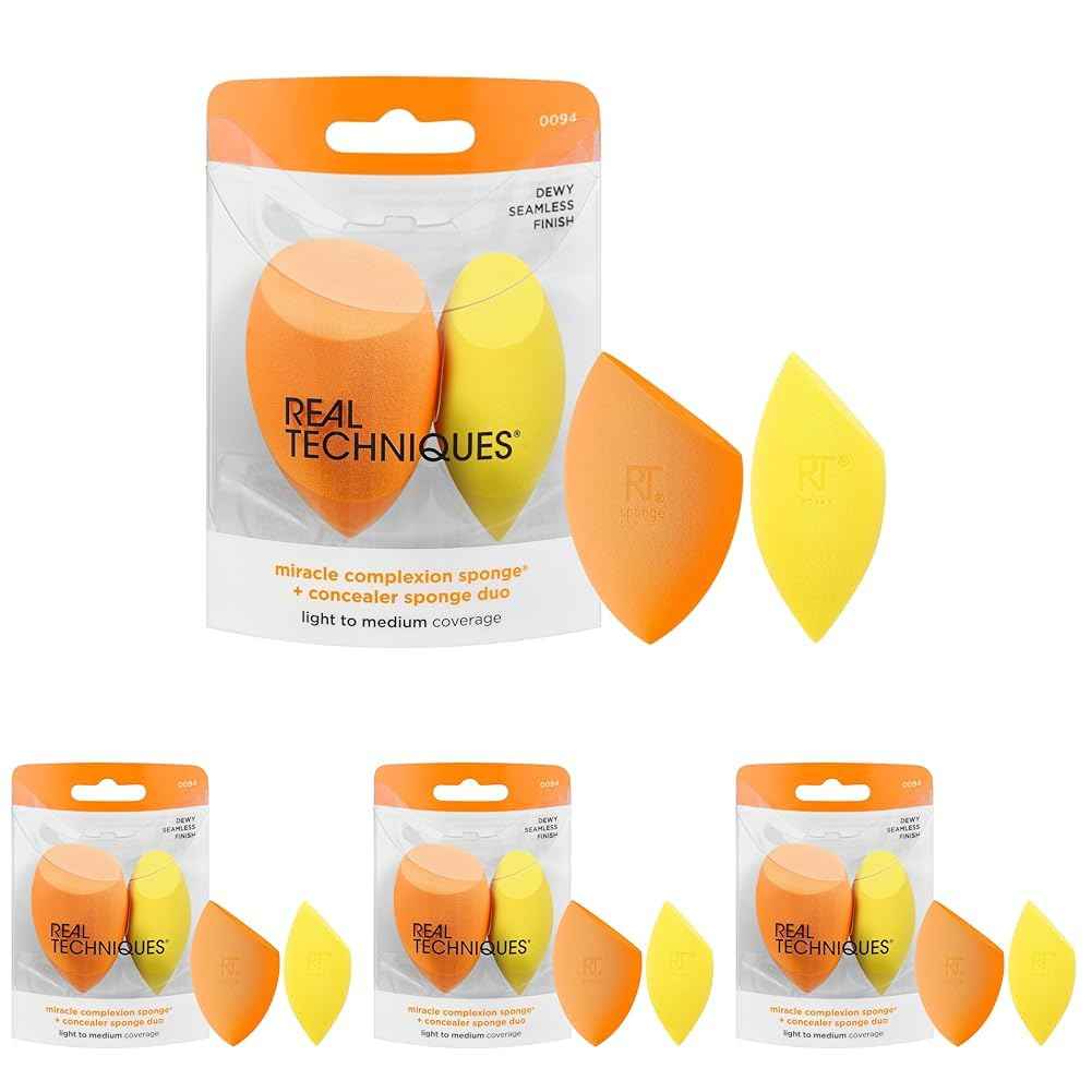 Real Techniques Miracle Complexion Sponge + Concealer Sponge Duo, Makeup Blending Sponges For Foundation & Concealer, Offers Light To Medium Coverage, Natural, Dewy Makeup, Latex-Free Foam 2 Count