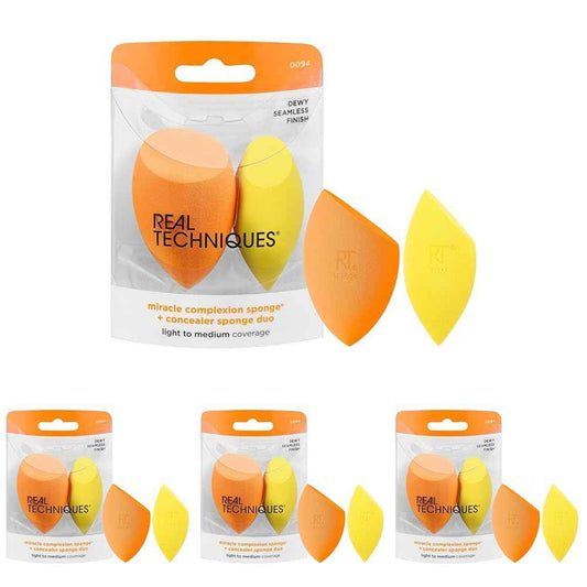 Real Techniques Miracle Complexion Sponge + Concealer Sponge Duo, Makeup Blending Sponges For Foundation & Concealer, Offers Light To Medium Coverage, Natural, Dewy Makeup, Latex-Free Foam 2 Count