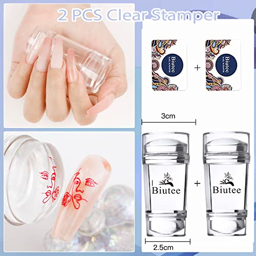 Biutee Christmas Nail Stamp Plate Kit Jelly Silicone Clear Stamper Nail Art Stamping Plate French Tip Template Nail Rhinestone Decoration Scraper Deer