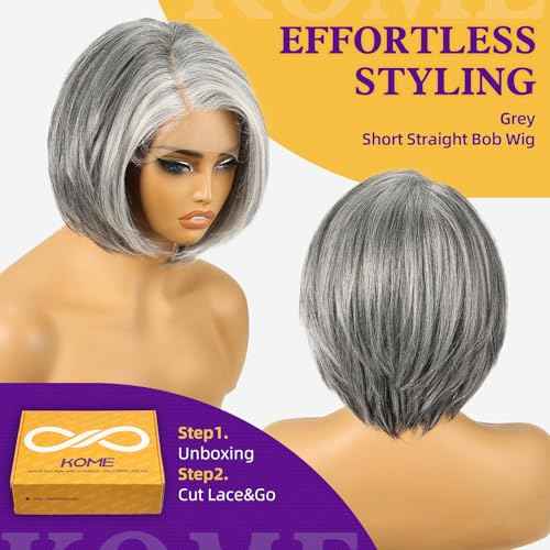 Grey Synthetic Lace Front Wig,Silver Side Part Short Straight Glueless Bob Wigs for White Women Daily Use 10IN (#2/60HL)