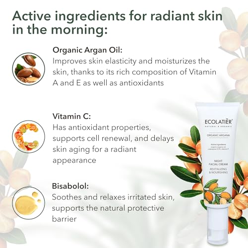 Night Cream with Organic Argan Oil ? Revitalizing & Nourishing, Anti-Aging Face Moisturizer with Vitamin C, Vegan, 97.7% Natural Ingredients, 1.7 Fl Oz - ECOLATIER