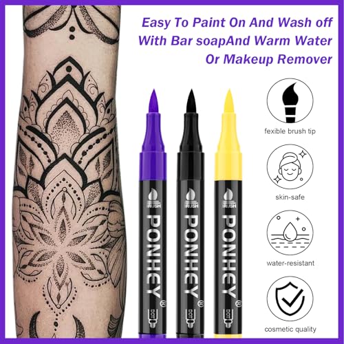 Ponhey Temporary Tattoo Markers for Skin, 24 Body Markers+67 Large Tattoo Stencils,Dual-End Tattoo Pens,Fine Lines with Cosmetic-Grade,Flexible, Skin-Safe Face Paint Kit for Teenage Adults