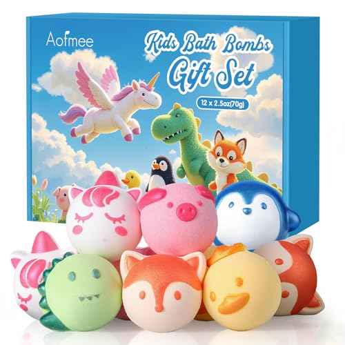 Aofmee Bath Bombs for Kids, 12 Pcs Kids Bath Bombs with Essential Oil, 6 Animal Shapes and Fruity Aroma, Natural Organic Spa Gift Set for Boys Girls, Birthday Christmas Halloween