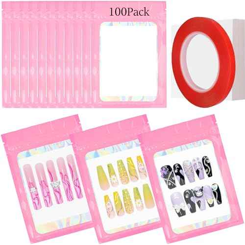 Qenk 100PCS Empty Holographic Nail Storage Bag Press on Nail Packaging Bag and 100PCS Shiny white cardboard Nail Tips Packaging Bags with 1 Roll Transparent Tape (Pink)