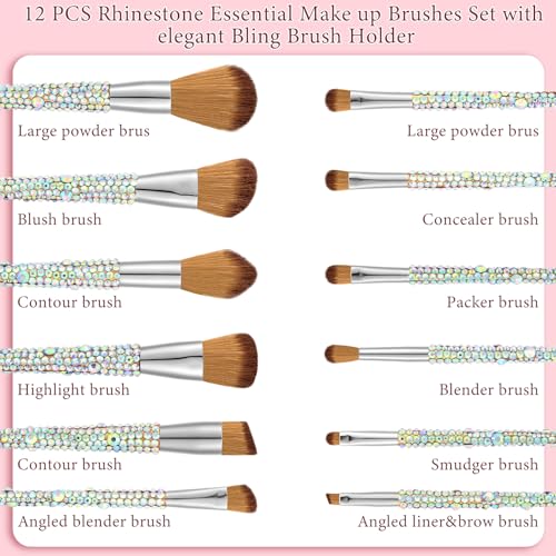 Rtteri 13 Pcs Rhinestone Silver Makeup Brushes Set Bling Crystal Professional Face Cosmetics Blending Liquid Foundation Powder Concealer Eye Shadows Make up Beauty Tool Glitter with Holder