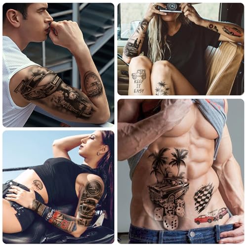 77 Sheets Cars Temporary Tattoo for Women Men, 17 Sheets Half Arm Race Car Fake Tattoos, 60 Sheets Black Holiday Truck Theme Tiny for Adult Kids Body Tattoos Stickers Waterproof Realistic