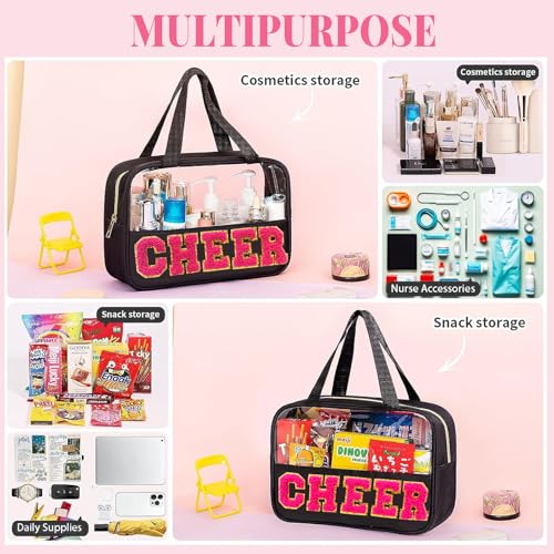JOJOPOLLO Black Cheer Makeup Bag - Pink Chenille 'CHEER' with Gold Trim, Zipper & Handle, Team Gift