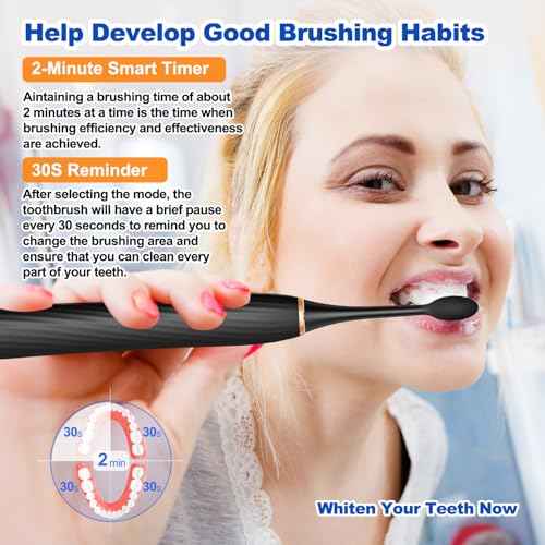 FXQQZZ Electric Toothbrush for Adults and Kids, with Tongue Scraper and Travel Case, 8 Brush Head, Smart Timer & 4 Modes Rechargeable Toothbrush, 42000 VPM Deep Clean, One Charge Last 90 Days - Black
