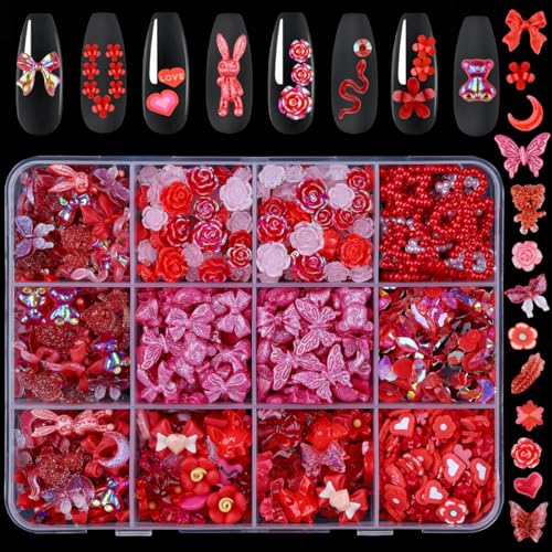 Umillars 400pcs Butterfly Bow Bear Snake Rabbit Moon Heart Rose Flowers Nail Art Charms with 450pcs Special Shape Flatback Rhinestones and Polymer Slices for Nail Art Designs (Red)