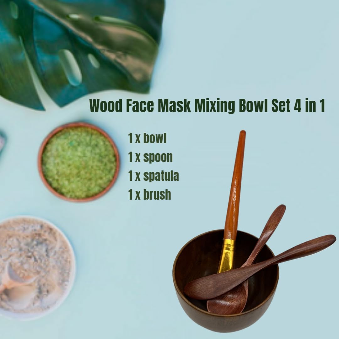 BEECO GIF2U Face Mask Mixing Bowl Set Brown Wood,4 Pack Diy Facial Tools For Skin Care,Facemask Mixing Tool Kit With Facial Mask Bowl,Spatula,Spoon,Brush Applicator,Facial Esthetician Supplies