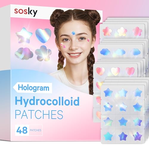 Sosky Hologram Acne Patches, Hydrocolloid Pimple Stickers with Salicylic Acid, 48 Count