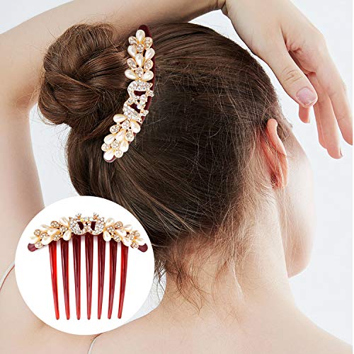 Honbay 2PCS 7 Teeth Hair Side Combs Pearl Crystal Rhinestone Floral Twist Combs Rhinestone Flower Hairpin Decorative Hair Combs Accessories for Women (2 Style)