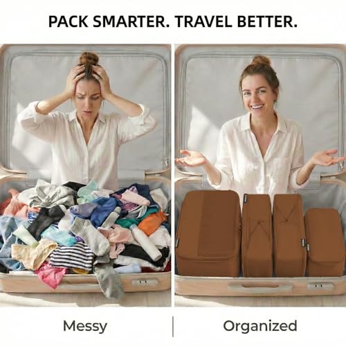 SOARSAIL Light Brown 4-Piece Compression Packing Cubes for 3-7 Day Travel