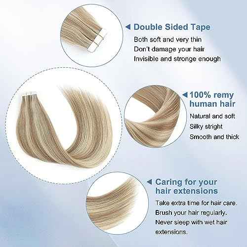 Sixstarhair Light Brown Highlights Tape In Hair Extensions - Brown Mixed With Ash Blonde Seamless Straight 18 Inch 50g [Color P8-60#-18 Inch]