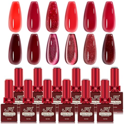 JR 12pcs 12ml Deep Red Gel Polish Set Includes Cat Eye Nail Polish Gel Glitter Pearl Gel Nail Polish Kit Salon-Quality Long-Lasting, Chip-Resistant Gel Polish Set for Nail Salon DIY&Professionals