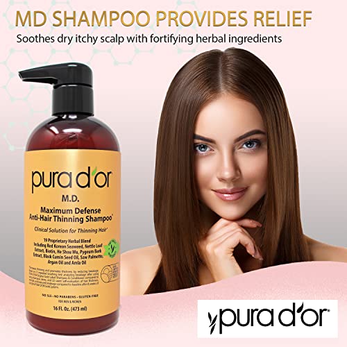 PURA D'OR MD Anti-Hair Thinning Shampoo w/ 0.5% Coal Tar, Biotin Shampoo (16oz) 19+ DHT Herbal Blend for Dry & Itchy Scalp, No Sulfates, For Men & Women (Packaging Varies)