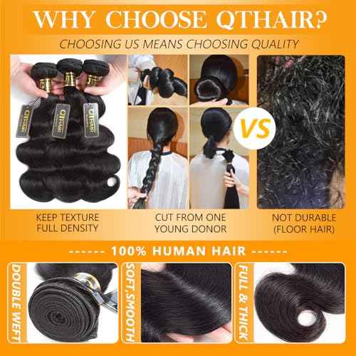 QTHAIR 16A Body Wave Brazilian Virgin Human Hair 18" 20" 22" 300g Natural Color 100% Unprocessed Brazilian Body Wave Hair Bundles Brazilian Virgin Hair for All Women