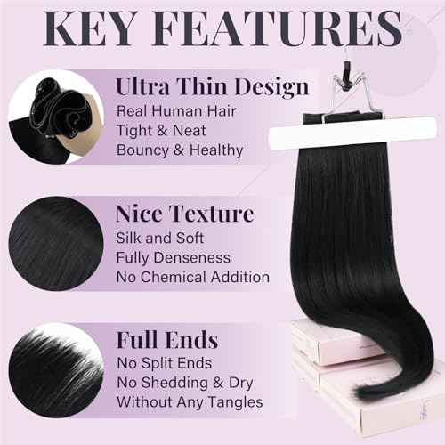 Fshine Real Human Hair Genius Weft Hair Extensions for Women Jet Black Human Hair Sew in Hair Extensions 22 Inch 60g Remy Human Hair Bundle Natural Long Straight Hair Extensions