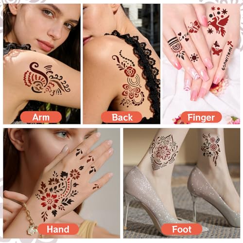 136 PCS Henna Tattoo Kit, Hena Tattoos Kit for Face Body Art Painting for Women Men Adult, Henna Tattoo Stencils with 6 Tattoo Cones 3 Colors for Festivals Wedding Party