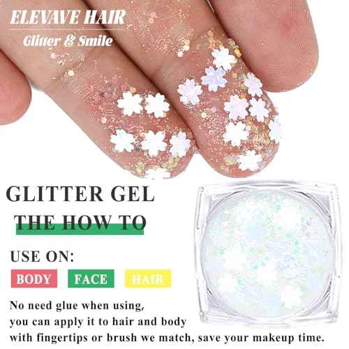 Body Glitter Face Glitter, Hair Glitter for Kids, 12 Shapes Fine Chunky Glitter Gel for Women Girls Makeup Sparkles Party Mermaid Sequins Rave Accessories Singer Concerts Festival (White Scheme)