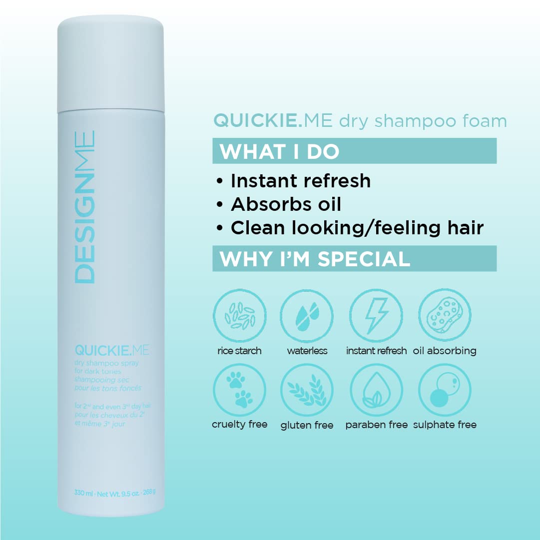 QUICKIE.ME Dry Shampoo For Dark Tones by DESIGNME | Instantly Refreshes, Absorbs Oils | Root-Lifting Formula with Rice Starch | Residue-Free Waterless Spray for Brown, Black, Dark & Red Hair