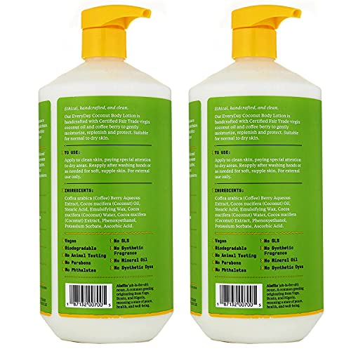 Alaffia Everyday Coconut Hydrating Body Lotion, Normal to Dry Skin, Moisturizing Oil is Support for Soft & Supple Skin, Purely Coconut, 2 Pack - 32 Fl Oz Ea