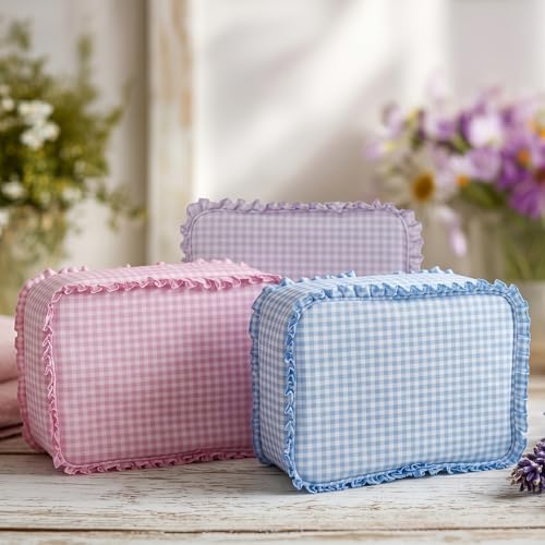 Personalized Light Blue Ruffle Gingham Cosmetic Bag 10.5x8x4.5
