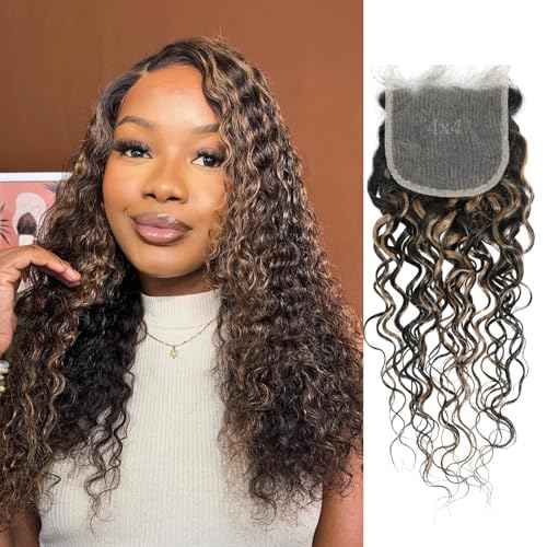 ALHER #F1B/27 Black and Blonde Highlight Water Wave 4x4 Lace Closure, 12A Skunk Stripe Color Wet n Wavy Free Part Melt Lace, 100% Virgin Remy Human Hair Pre Plucked With Baby Hair 150% Density 14 Inch