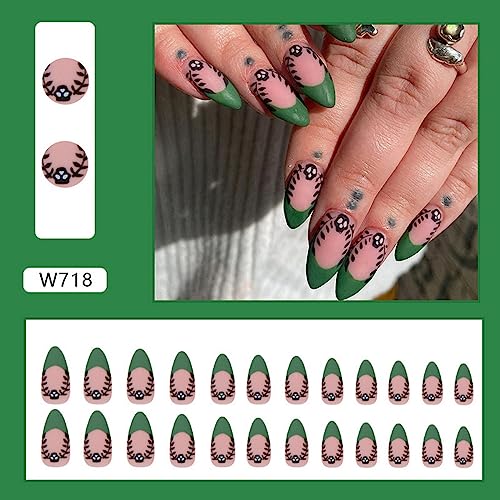 Green Press on Nails Medium Almond False Nails Matte Acrylic Nails Kit Reusable Spring Fake Nails with Designs Skeleton Glue on Nails Artificial Nails for Women Nail Art Manicure in 24PCS