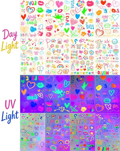 Glow in the Dark Temporary Tattoos, 8 Sheets 120+ Neon Designs