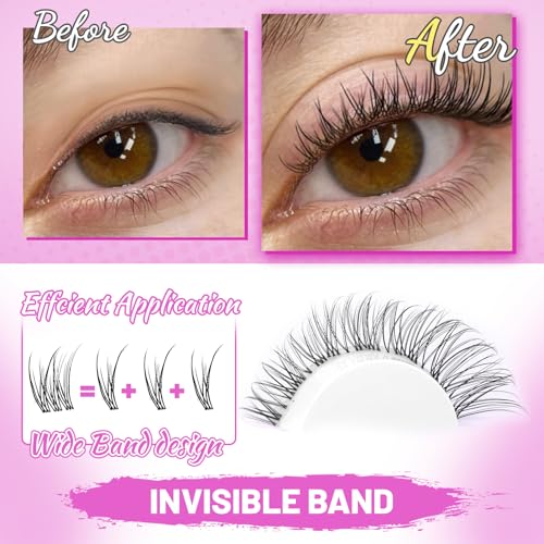 Natural Wispy Lash Clusters C Curl 10-13mm - Invisible Band Fluffy DIY Extensions for Natural Look, Soft Thin Bandshes & Waterproof Bond/Seal Kit for Anime Look At-Home Use
