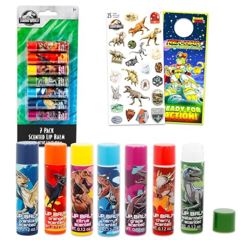 Jurassic World Lip Balm Tube Bundle for Kids ? 7 Pack of Dinosaur Lip Balm in Assorted Flavors Plus Stickers, More | Jurassic World Party Favors for Kids, Boys, Girls