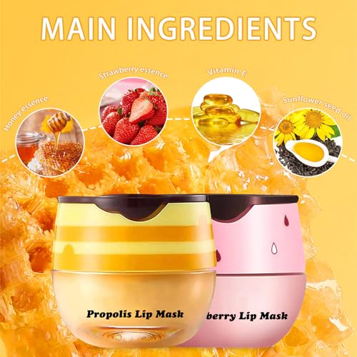 2PCS Bee Lip Balm Honey Pot, Honey Strawberry Lip balm Lip Mask with Stick, Moisturizing Lip Sleeping Mask Day & Night Lip Care - Hydrate Repair Prevent Dry Cracked Exfoliate (Honey & Strawberry)