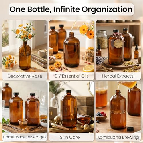 TBWIND 4 Pack 32oz Amber Glass Bottles with Airtight Caps