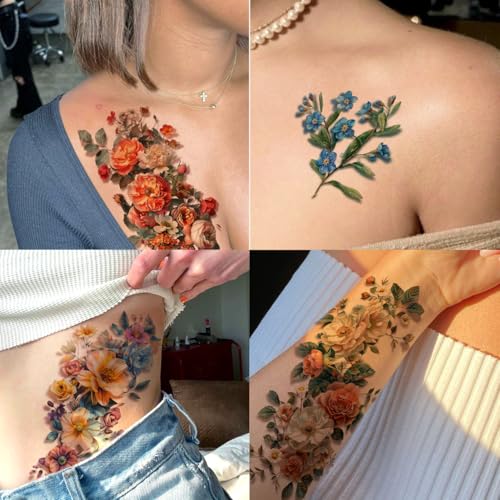 3D Flower Sleeve Temporary Tattoos for Women - 25 Sheets Realistic Flower Fake Tattoos for Arm Leg Body/Long Last/Waterproof