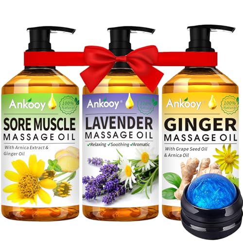 ANKOOY 3 Pack Massage Oil Set with Arnica Lavender Ginger for Relaxation & Lymphatic Drainage